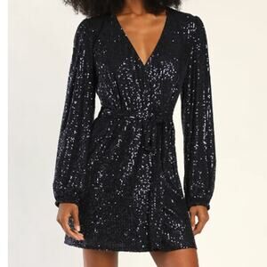 LULU'S SZ S Navy Blue Sparkly Darling Sequin Long Sleeve Wrap Dress NEW b151